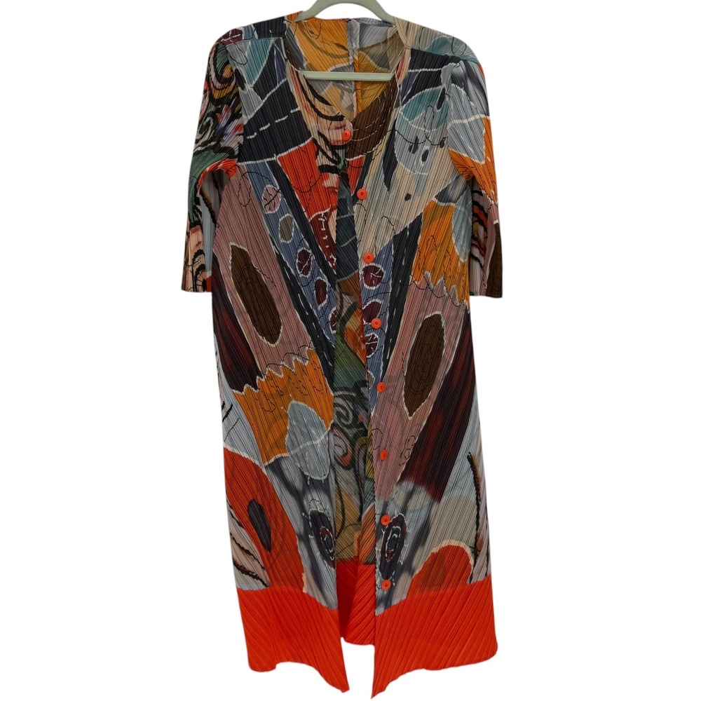 Vanite Couture Pleated Duster Cardigan Abstract Art Print Plisse Orange Multi